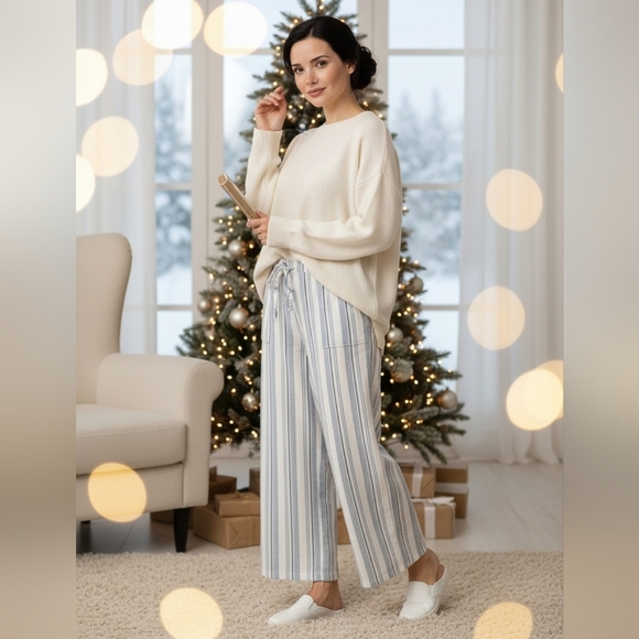 Victoria's Secret Pants - Victoria Secret Iconic Striped Lounge Pants Gray White Wide Leg Drawstring Sz14